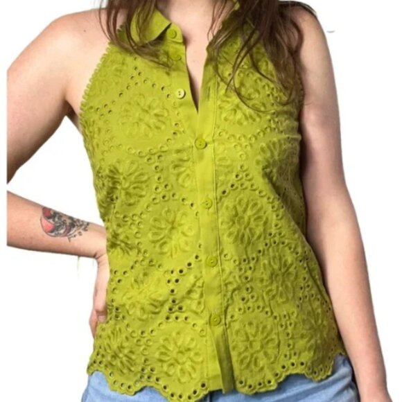 Ryegrass Wild Green Embroidered Eyelet Halter Top Womens 8 Chartreuse Blouse - Picture 1 of 8